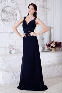 Chiffon Empire Straps Designer Evening Dress in Navy Blue with Beadings 2013