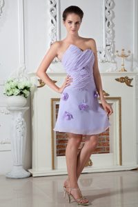Short Strapless Lilac Classy Evening Dresses with Ruches and Handle Flowers