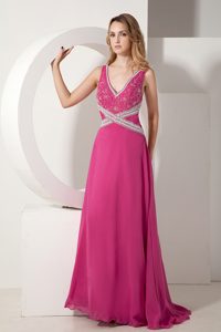 Hot Pink V-neck Classy Evening Dress with Appliques and Criss Cross on Back