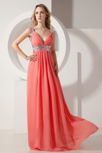 Plunging Rust Red 2013 Evening Gown Dress with Beads and Straps