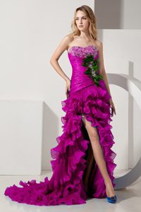 Dressy Beaded and Appliqued Evening Dress for Women with Ruffles in Fuchsia