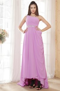 One Shoulder Chiffon Evening Dresses with Beadings and Ruches in Lavender