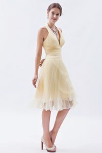 Beautiful Halter-top Champagne Prom Evening Dress in Knee-length with Pleats