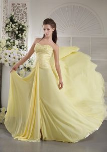 Pretty Beaded and Ruched Evening Dress in Baby Yellow with Sweetheart Neck