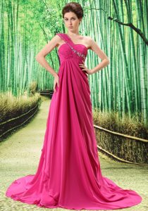 One Shoulder Chiffon Evening Dresses with Appliques and Ruches in Hot Pink