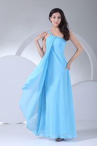 New Aqua Blue One Shoulder Ankle-length Beaded Evening Dresses for Women
