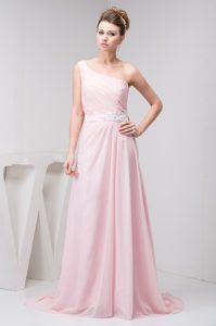 Beautiful One Shoulder Baby Pink Chiffon Pageant Evening Gowns with Appliques