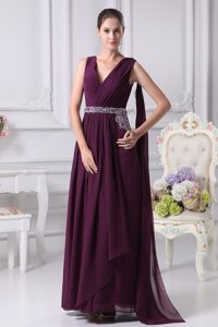 Discount Ankle-length V-neck Beaded Formal Evening Dresses with Watteau Train