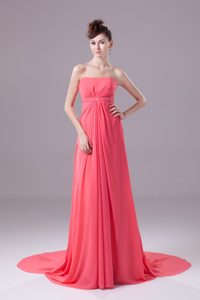 2014 Beaded and Ruched Watermelon Chiffon Evening Dresses with Watteau Train