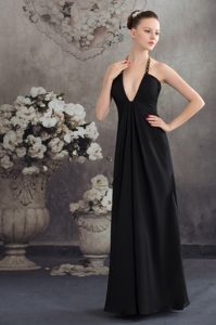 Halter Top Beaded Black Chiffon Informal Evening Dresses with Plunging Neckline