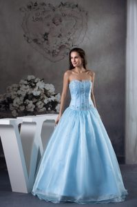 New Blue Sweetheart Organza Formal Evening Dress with Appliques and Beading
