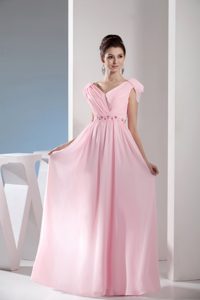 New Empire Light Pink V-neck Women Evening Dress with Beading and Ruching