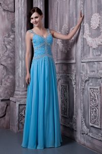 Discount Aqua Blue Empire Straps Chiffon Beaded Evening Dress on Promotion