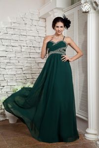 Dark Green Empire Chiffon Beaded Pageant Evening Gowns with Spaghetti Straps