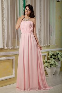 Pretty Pink Strapless Chiffon Ruched Formal Evening Dresses with Brush Train