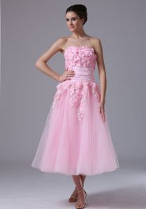 Sweetheart Pink Tulle Sweet Celebrity Prom Dress with Hand Made Flower in 2014