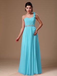 Blue One Shoulder Beaded Chiffon Prom Gown Dress