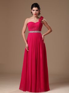 Empire One Shoulder Beaded Formal Evening Prom Dress with Hand Made Flower
