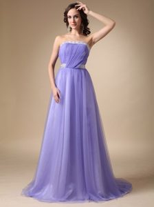 2014 Pretty Lilac A-line Strapless Brush Train Tulle Beaded Prom Celebrity Dress