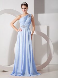 Light Blue One Shoulder Chiffon Beaded and Ruched Brush Train Prom Dresses