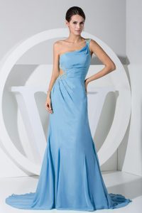 New Beading Decorated One Shoulder Blue Chiffon Prom Dress with Brush Train
