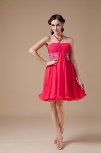 Luxurious Red Empire Chiffon Beaded and Ruched Mini-length Prom Party Dress