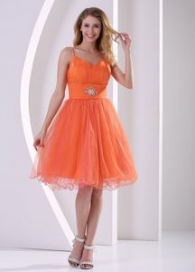 Orange Red Spaghetti Straps Sweet Prom Cocktail Dress with Beading and Ruches