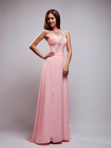 New Pink One Shoulder Chiffon Beaded and Ruched Prom Dress with Brush Train