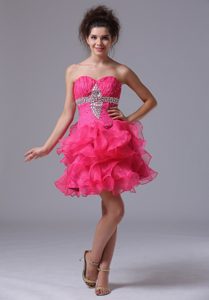 Hot Sweetheart A-line Mini-length Organza Beaded Hot Pink Prom Cocktail Dress