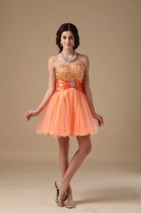 Orange Red A-line Sweetheart Mini-length Organza Prom Dresses with Beading