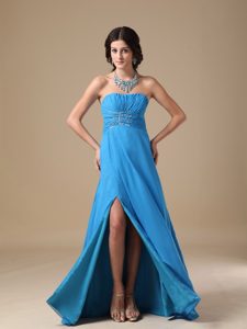 New Aqua Blue Empire Strapless Chiffon Prom Dress with Beading and High Slit
