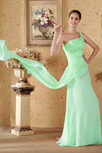 Pretty One Shoulder Beading Apple Green Prom Gown with Ruches