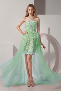 Strapless High-low Prom Dresses for Girls with White Appliques in Light Green