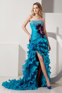 Teal Beaded and Appliqued Prom Gowns in Organza with Ruches and Ruffles