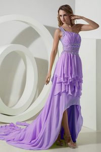 One Shoulder High-low Chiffon Prom Evening Dresses with Beads in Lavender