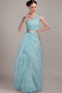 One Shoulder Aqua Blue Prom Gown with Ruffles and Silver Sash on Promotion