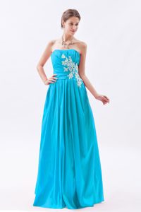 Ruching Strapless Aqua Blue Prom Party Dress with White Appliques