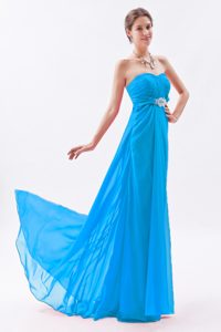 Aqua Blue Empire Strapless Prom Gowns with Beadings and Ruches