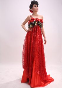 One Shoulder Prom Party Dresses with Ruffles and Handmade Flowers in Red