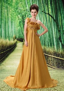 Gold Single Shoulder Ruffled Prom Dress with Embroidery for 2013
