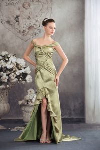 Off-the-shoulder High-low Dresses for Prom Court with Ruffles in Olive Green
