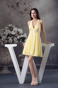 Halter-top Baby Yellow Prom Party Dress with Appliques for Summer