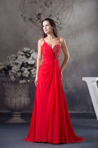 2014 Red Beading Sweep Train Dress for Prom with Spaghetti Straps