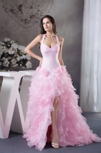 Pink Halter Top High-low Prom Theme Dresses with Ruffles and Handle Flowers
