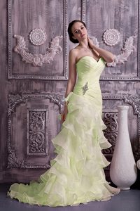 Sweetheart Ruched Prom Grad Dress with Beads and Ruffles in Yellow Green