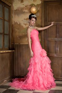 Watermelon Mermaid Sweetheart Prom Dresses with Handle Flower and Ruffles