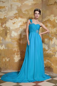 Ruched and Appliqued Chiffon Prom Attire with Single Shoulder in Aqua Blue