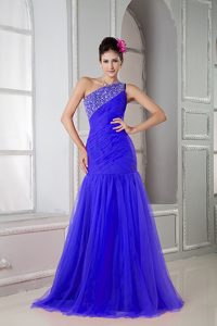 Mermaid Beaded Plus Size Prom Pageant Dress with One Shoulder in Royal Blue