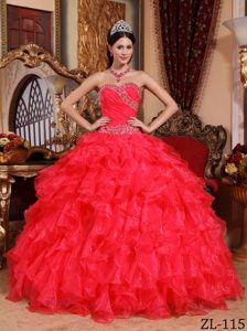 Attractive Red Sweetheart Organza Quinceanera Dress with Beading and Ruffles