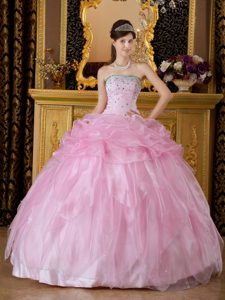 Attractive Long Lace-up Beaded Dresses for Quinceaneras in Baby Pink